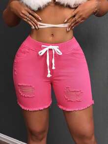 Casual Summer Solid Color Ripped Skinny Denim Shorts - 藍色 - 查看 1