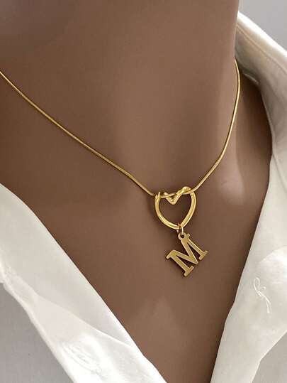 1 pieza Collar con colgante de letra en forma de corazón de acero inoxidable dorado con letra minimalista vintage de 26 letras, regalo versátil para el Día de la Madre, San Valentín, Acción de Gracias, Cumpleaños