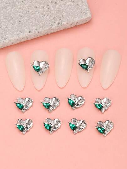 10pcs Green Water Drop Heart Shaped Nail Art Decorations, Metal Nail Jewelry, Luxury Nail Stickers, DIY Nail Accessories, Women/Girls Metal Nail Supplies, Nail Art Gems