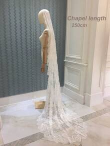 1pc Elegant French Lace Long Soft Bridal Veil With Comb, Vintage Wedding Accessory, Ivory - Ivory - View 12
