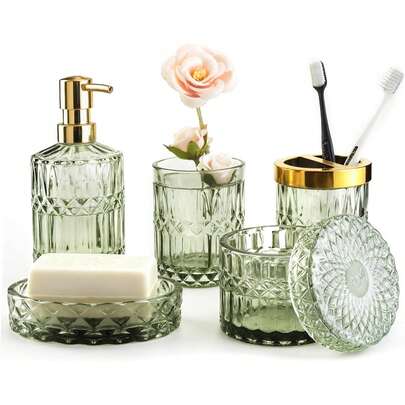5-Piece Green Diamond-Cut Glass Bathroom Accessories Set, Includes Soap Dispenser, Soap Dish, Toothbrush Holder, Tumbler & Cotton Swab Jars, Modern Crystal Decor For Bathroom - Housewarming Gift