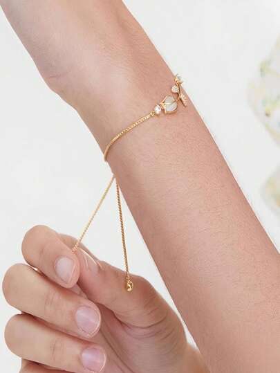 1件金色郁金香玫瑰花手链，镶嵌闪耀锆石和猫眼石，法式奢华，新娘时尚手链，结婚礼物，伴娘配饰，适合婚礼、派对、新娘写真、周年纪念等场合。