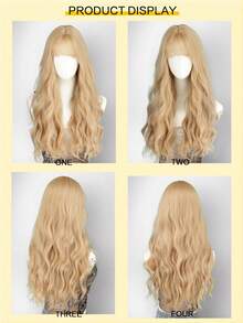28英寸金色长波浪假发，蓬松金色波浪卷发带刘海假发，高密度耐热合成纤维假发，适合日常佩戴、音乐节、派对装扮和角色扮演 - 彩色 - 查看 4