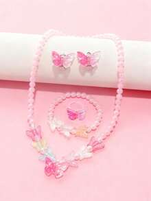 5pcs/Set Girls Cute Butterfly Pendant Necklace, Bracelet, Ring And Earclip Jewelry Set, Suitable For Daily, Festival, Party, Birthday Gift - Multicolor - View 4