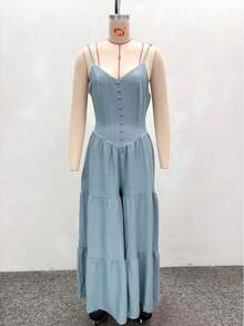 Women's Deep V-Neck Solid Color Long Jumpsuit - 藍色 - 查看 4