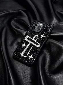 1pc Rhinestone Star & Cross Embellished Minimalist Dark Style Fully Paved Comfortable Soft Edge Phone Case, Compatible With IPhone 17 Pro Max, 16 Pro Max, 15, 14 Pro, 13, 12, 11 Series - Black - View 1