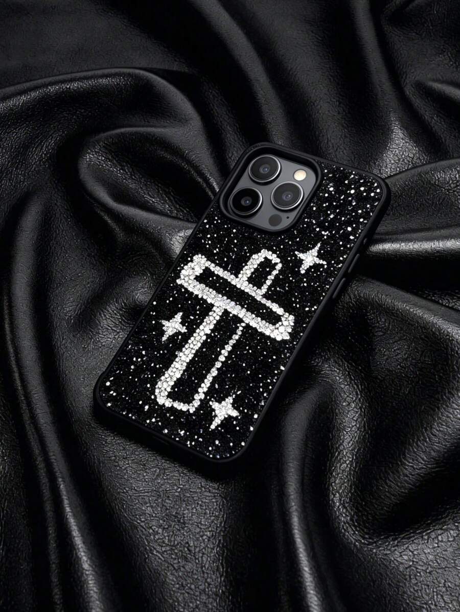 1pc Rhinestone Star & Cross Embellished Minimalist Dark Style Fully Paved Comfortable Soft Edge Phone Case, Compatible With IPhone 17 Pro Max, 16 Pro Max, 15, 14 Pro, 13, 12, 11 Series - Black - View 1