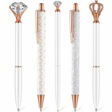 Set de 5 bolígrafos de punta de bola blancos, herramienta de escritura de metal con diamante de cristal, adecuado para firmar, negocios, oficina, boda y regalos de papelería - Conjuntos - Ver 9