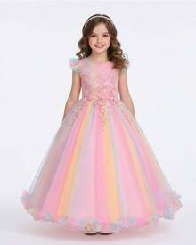 Flower Girls Maxi Dress Bridesmaid Wedding Pageant Party Princess Communion Floral Boho Vintage Lace Dance Gown - Màu Hồng  San hô - Xem 3