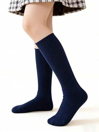 5 Pairs Kids Solid Color Cable Knit Knee High Socks, Princess Socks, Lolita Socks, School Uniform Socks, Classic Colors, Cable Knit Striped Design, Elegant & Fashionable, Soft & Comfortable, Suitable For Daily Wear In Spring, Summer, Autumn And Winter, Fit For 3-16 Years Old Children, Wonderful Gift For Holidays