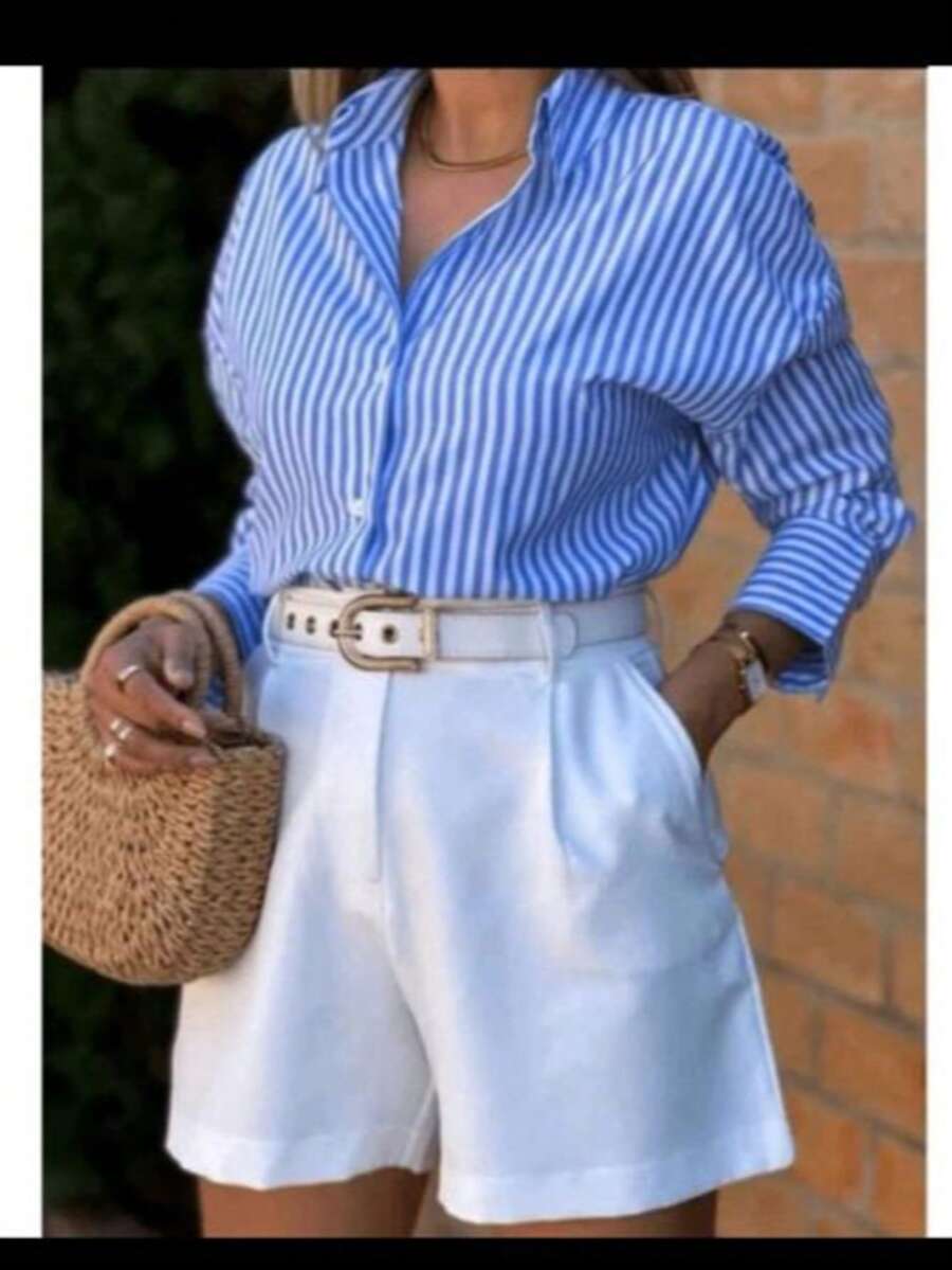 Women's Dress Shirt, Long-Sleeved Striped Blouse With Buttons,  2026 - Royal Blue - View 1