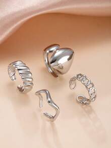 Set de 4 anillos de acero inoxidable elegantes para mujer, que incluye diseños de línea de ola y geométricos, estilo minimalista de lujo, adecuado para uso diario, festivales, citas, compromisos, bodas y fiestas - Plateado - Ver 1