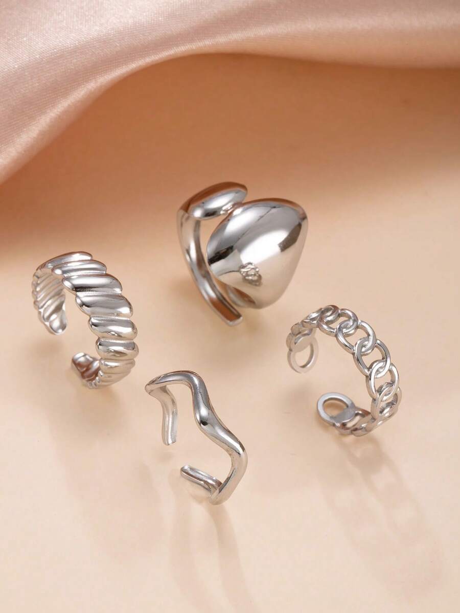 Set de 4 anillos de acero inoxidable elegantes para mujer, que incluye diseños de línea de ola y geométricos, estilo minimalista de lujo, adecuado para uso diario, festivales, citas, compromisos, bodas y fiestas - Plateado - Ver 1