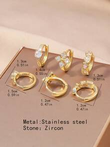 6pcs Set Elegant Luxury Gold Earrings, Cubic Zirconia Inlaid Heart & Leaf Design, 18K Gold Plated Copper, Suitable For Women's Daily, Date, Party Wear And Gift - Gold - View 3