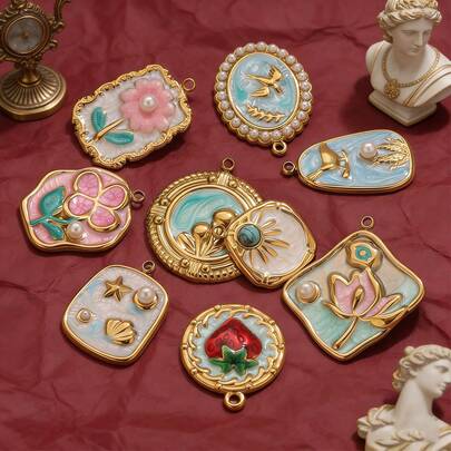 Conjunto de 2 piezas de nuevos colgantes con inspiración en pintura al óleo de estilo vintage de acero inoxidable con flores y perlas - Colgantes creativos para collares y pulseras. Accesorios de joyería DIY. Perfecto para uso diario de mujeres y como regalo.