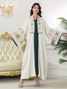Bộ Abaya truyền thống thêu hạt cườm bạc sang trọng kiểu mới năm 2026 dành cho tháng Ramadan, kèm áo khoác ngoài, thiết kế không tay với cổ tay xẻ, thời trang và cao cấp. - Màu be - Xem 2