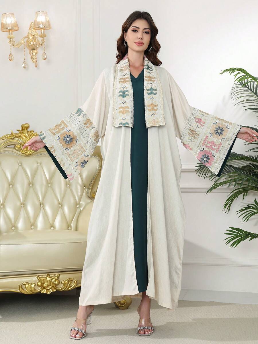 Bộ Abaya truyền thống thêu hạt cườm bạc sang trọng kiểu mới năm 2026 dành cho tháng Ramadan, kèm áo khoác ngoài, thiết kế không tay với cổ tay xẻ, thời trang và cao cấp.