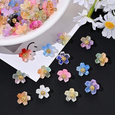 20pcs 10mm Colourful Glass Gradient Cherry Blossom Pendant, Elegant Flower Charms For Jewelry Making Bracelets Necklaces Earrings DIY Keychains Hairpin Charm Craft Accessories
