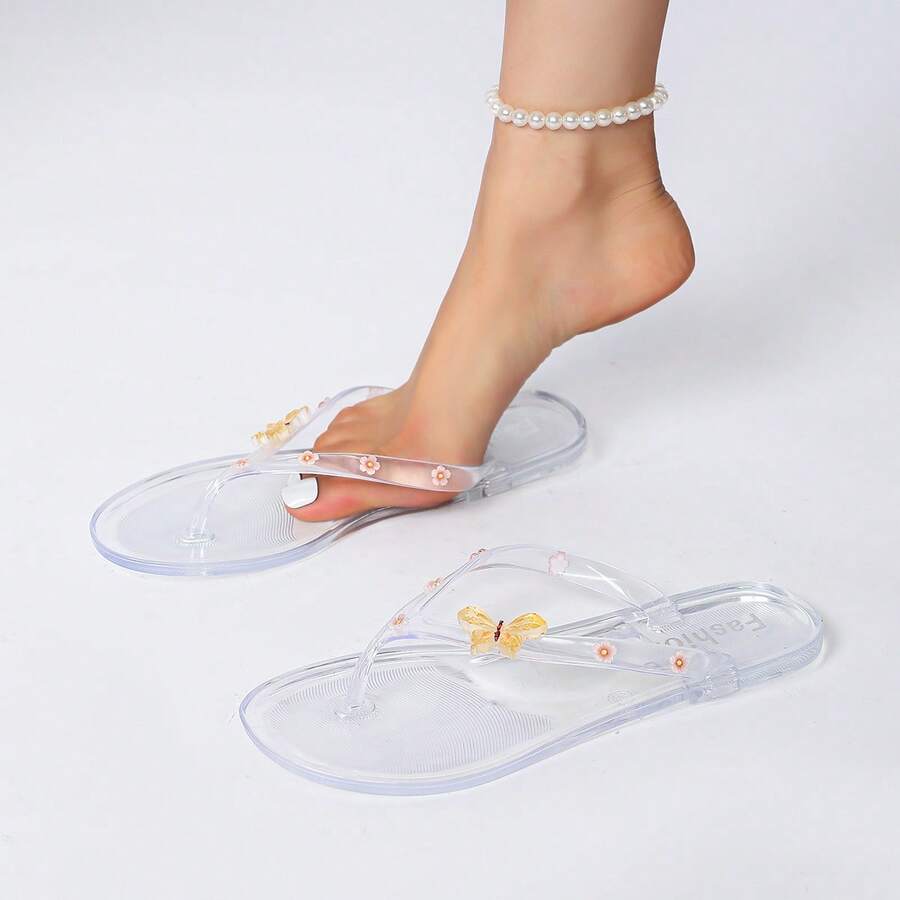 Dép xăng đan nữ trong suốt họa tiết bướm và hoa nhí, dép xỏ ngón mùa hè cho nữ. - Trong sáng - Xem 1