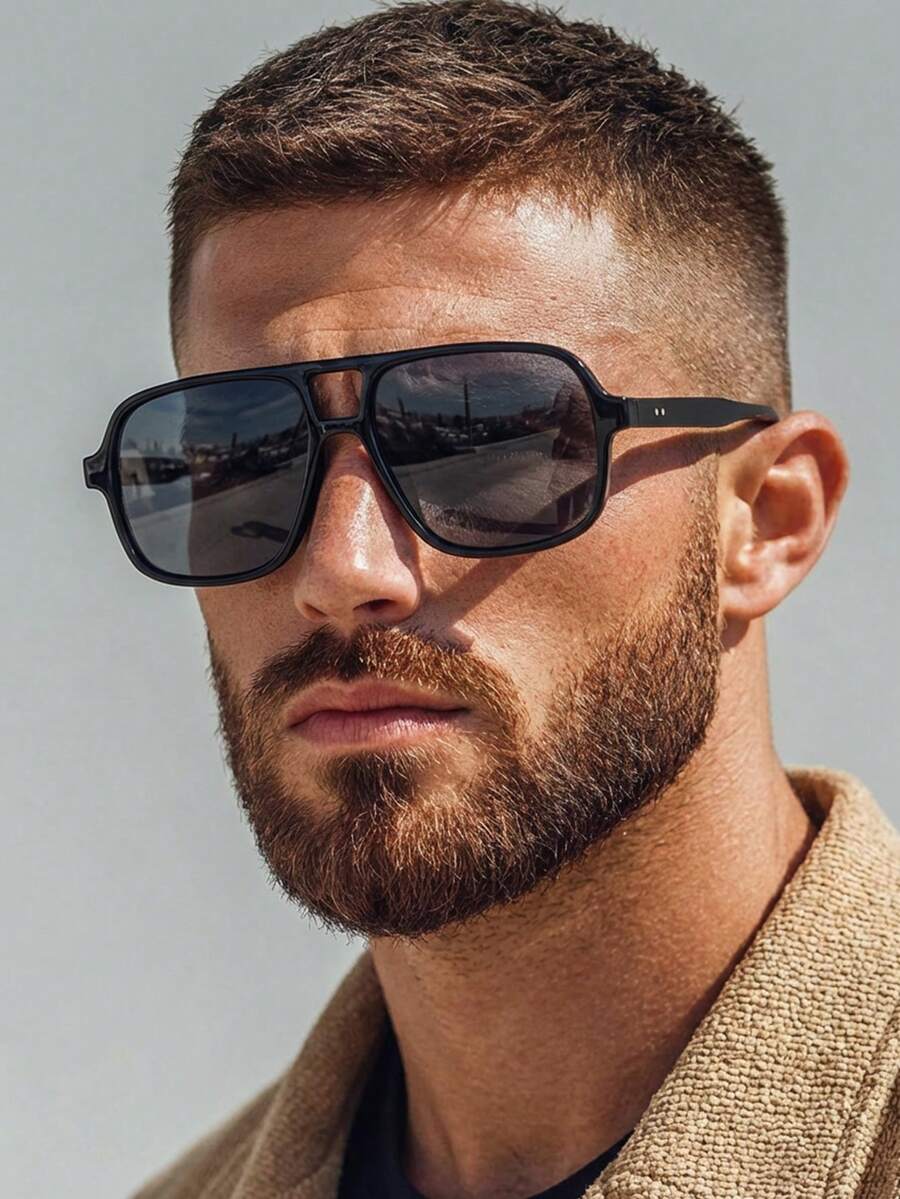 1 Pair Men's Black Double-Bridge Square PC Frame Fashion Glasses, American Style Street Fashion - Glossy Black - View 1