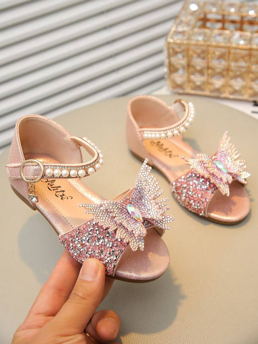 1 Pair Children's Sandals With Rhinestone, Pearl, Bow Decor, PU Patchwork Round Toe, Suitable For Daily Wear, Dance, Outdoor, Festivals, Parties, Glitter Princess Sandals, Fit For Spring, Summer, Autumn - Pink - View 1