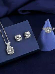 1 pieza Juego de joyas de lujo con circonita cúbica, elegante combinación de collar, aretes y anillo para mujeres, regalo perfecto, regalo de cumpleaños - Plateado - Ver 7