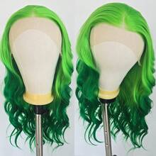 渐变绿色长卷发合成纤维假发，13x4蕾丝前假发，耐热自然发际线，适合日常佩戴和角色扮演 - 彩色 - 查看 3