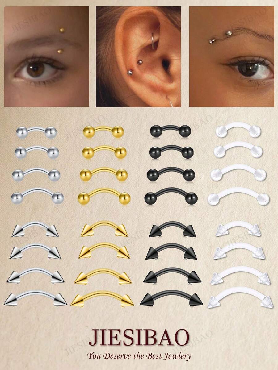 JIESIBAO 16G 眉钉耳骨弯杆套装 眉钉耳骨唇钉 男女通用 8-12mm 医用钢弯杆眉环 垂直唇钉 唇部饰品