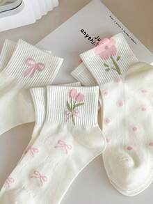 1/5 Pares de Meias de Tornozelo Femininas com Laço e Estampa Floral Fofa, Estilo Universitário INS, Meias Curtas Macias, Respiráveis e com Absorção de Umidade para Uso Diário, Esportes, Looks Casuais, Escola e Moda para Todas as Estações - Multicolorido - Visão 2