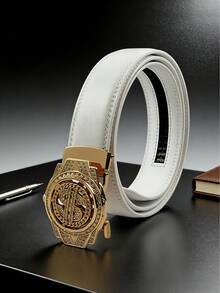 1 pièce Ceinture de luxe pour hommes, ceinture à boucle automatique en alliage, boucle rotative, associée à une sangle en PU blanc premium, longueur 120 cm, peut être coupée librement, plusieurs couleurs disponibles, port quotidien, assortiment de vêtements, premier choix pour les cadeaux - Multicolore - Voir 3