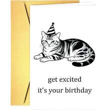 一张可爱又有趣的猫咪生日贺卡，送给爱猫人士。兴奋起来吧！今天是你的生日！贺卡尺寸为 4.92 英寸 x 6.93 英寸。这是一份创意十足的生日礼物，适合送给朋友、丈夫、男友、妻子、女友、家人、兄弟姐妹、父母、伴侣、同事、同学、爱人等。适用于各种场合。 - 查看 4