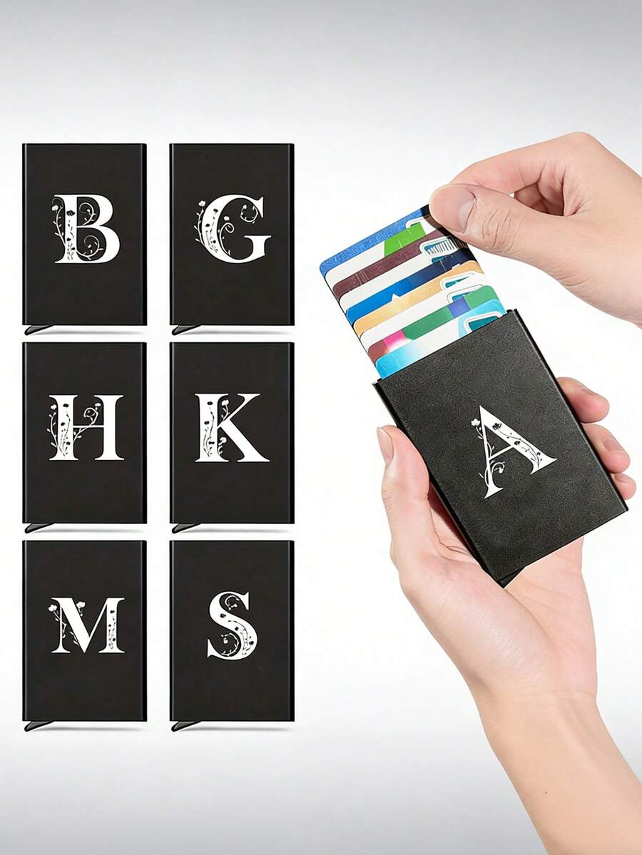 1pc Personalized Laser Engraved 26 Letter Name Card Holder, Aluminum Credit Card Case, Anti-Magnetic RFID Wallet With Auto Pop-Up Card Slot - Black - View 1
