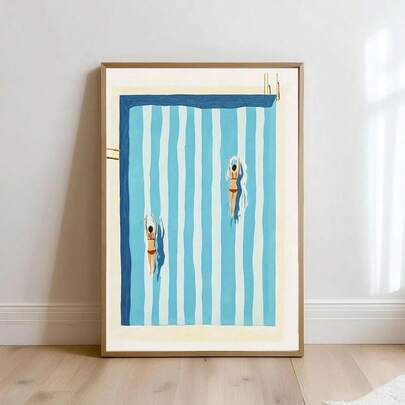 1 pieza de arte de pared de lienzo diseñada para decoración interior, que presenta una vista aérea de una piscina adornada con rayas verticales en azul claro y blanco; la imagen muestra a dos mujeres con bikinis marrones nadando en el agua. Pósteres de arte de pared sin marco.