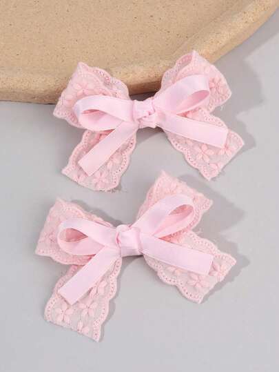 2Pcs Pink Embroidered Flower Hair Bows & Hair Ribbons, Bow Hair Clips For Girls, Satin Lace Alligator Clips, Cute Hair Accessories For Wedding Party