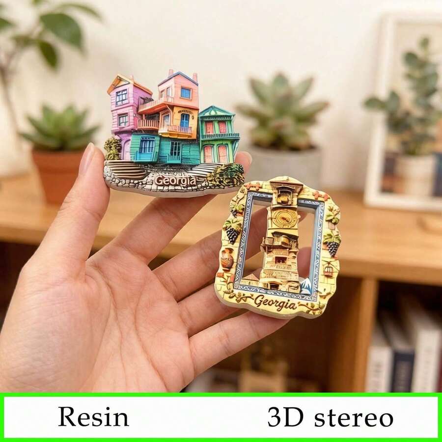 1件 格鲁吉亚第比利斯彩色木屋和加布里亚泽木偶钟楼3D树脂冰箱贴，高加索旅行纪念品，家居厨房磁性装饰品 - 均碼 - 查看 1