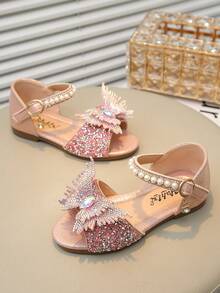 1 Pair Children's Sandals With Rhinestone, Pearl, Bow Decor, PU Patchwork Round Toe, Suitable For Daily Wear, Dance, Outdoor, Festivals, Parties, Glitter Princess Sandals, Fit For Spring, Summer, Autumn - Pink - View 4