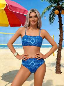 Cute Women's High Waist Spaghetti Strap Bikini Set Backless Knitted Fabric Swimwear High Stretch Short Length - 藍色 - 查看 3