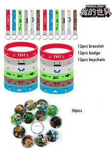 Minecraft Silicone Wristband, Silicone Keychain, Badge, 50pcs Pixel Stickers Game Set - Multicolor - View 3