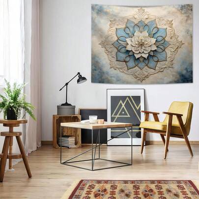 1pc Mandala & Floral Pattern Textile Wall Hanging, Includes 3 Wall Nails And 2 Clips, Printed Rectangular Decorative Tapestry With Drape Effect For Living Room, Bedroom, Kitchen
