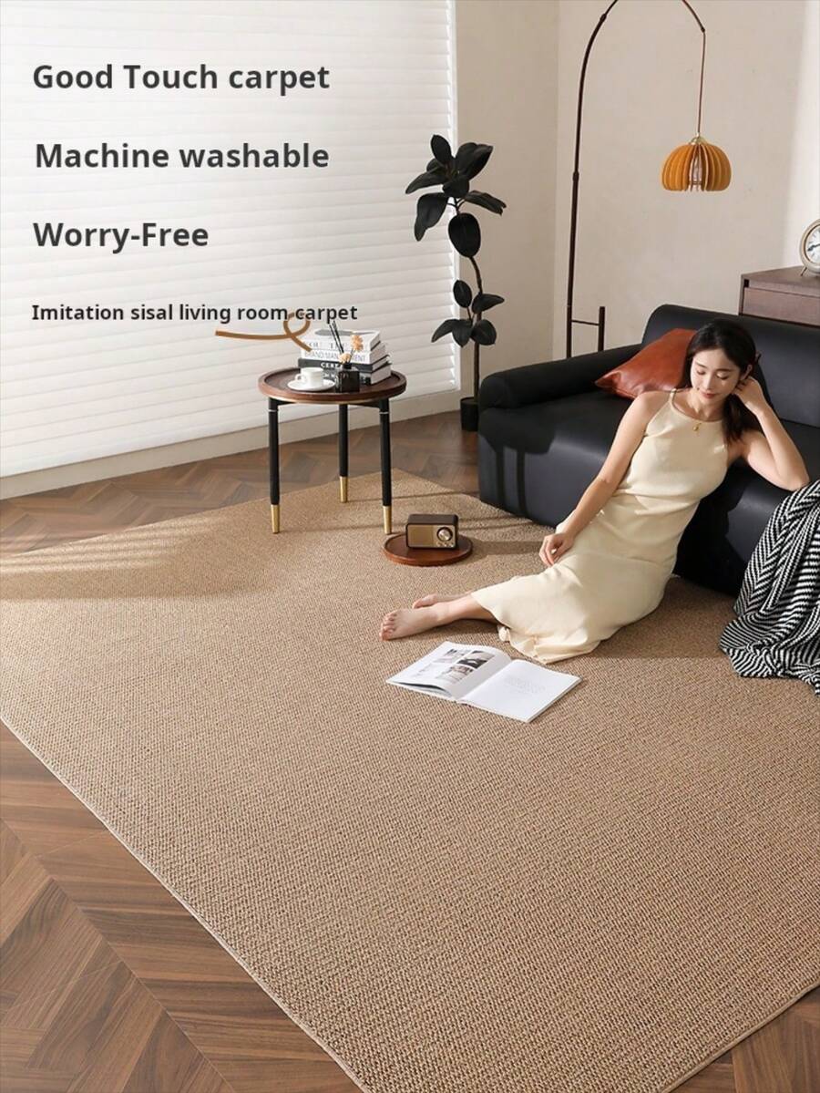 Washable Non-Slip Living Room Bedroom Carpet, Faux Jute Rug, Faux Woven Living Room Bedroom Carpet With Natural Rubber Backing - Mocha Brown - View 1