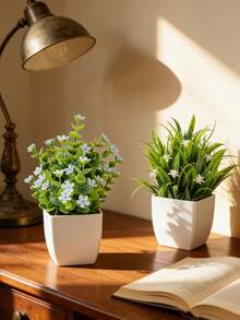 2盆绿色仿真小型盆栽植物，塑料材质，白色花盆，迷你仿真植物，适合室内装饰。 - 彩色 - 查看 1