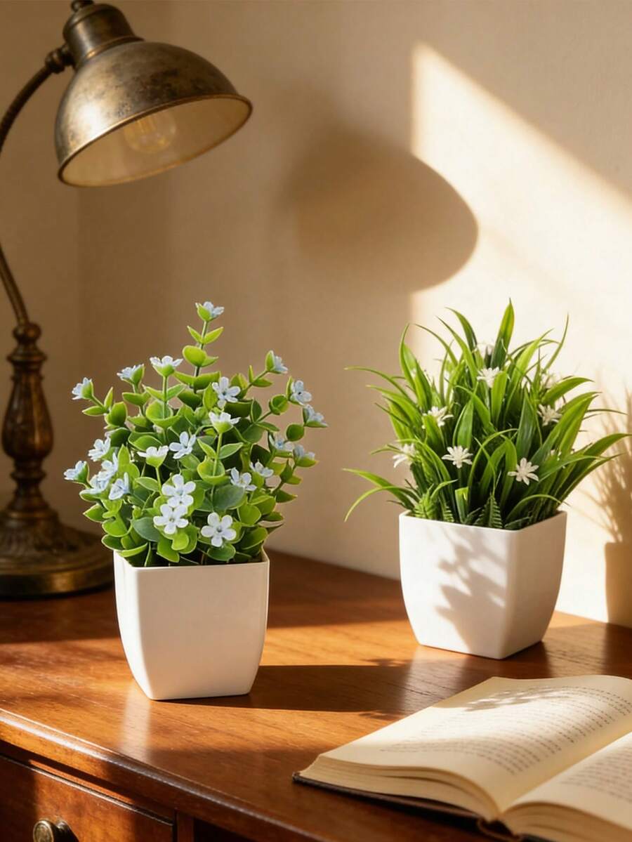 2盆绿色仿真小型盆栽植物，塑料材质，白色花盆，迷你仿真植物，适合室内装饰。 - 彩色 - 查看 1