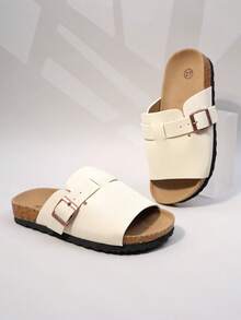 Minimalist Korean Style One-Strap Slide Sandals, Off-White Soft Cork Sole, Versatile Summer Shoes (Sole/Insole Color Random) - Beige - View 2