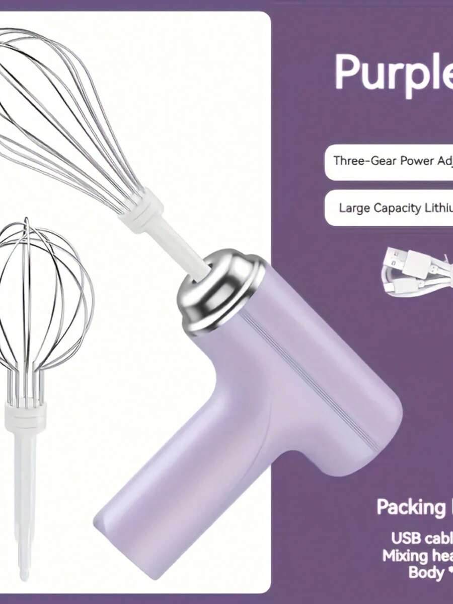 Cordless Hand Mixer, One Touch Off Handheld Electric Whisk With 3 Speed Modes, Hand Held Egg Beater With 2 Detachable Stir Whisks, Rechargeable Kitchen Mixer For Baking Whisking Cream Eggs - White - Màu tím - Xem 1