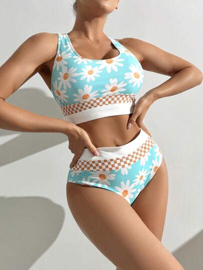 Women's Round Neck Daisy Print Tankini With Checkerboard Detail, Medium Stretch Casual And Cute Swimwear Bikinis Vacation Beach