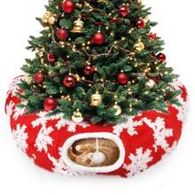Cama túnel para gatos debajo del árbol de Navidad túneles plegables de 3 pies x 3 x 9.8 pulgadas para gatos de interior túnel decorativo de felpa de estilo navideño para gatos con cojín lavable para - Copo de nieve rojo. - Ver 1
