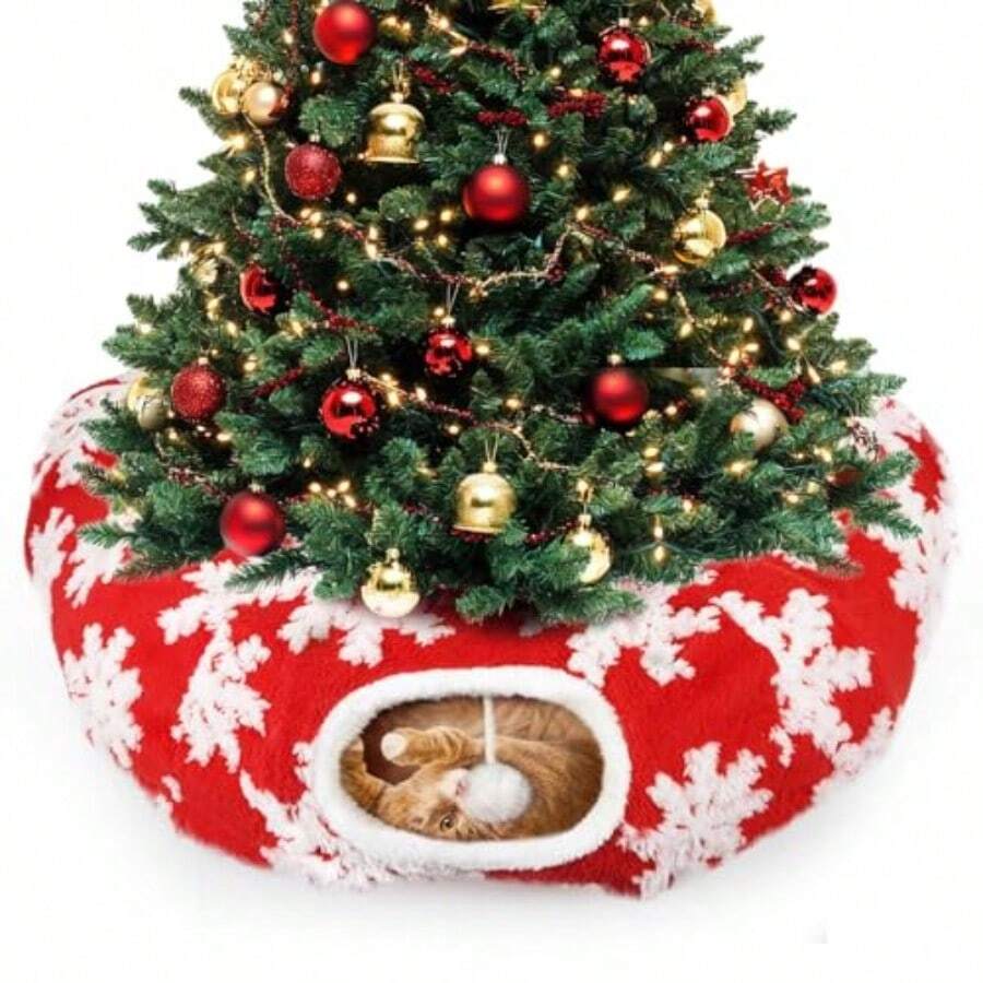 Cama túnel para gatos debajo del árbol de Navidad túneles plegables de 3 pies x 3 x 9.8 pulgadas para gatos de interior túnel decorativo de felpa de estilo navideño para gatos con cojín lavable para - Copo de nieve rojo. - Ver 1