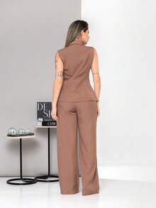 New Tailored Set Consisting Of Vest And Wide-Leg Trousers C6608 - Mocha Brown - View 2