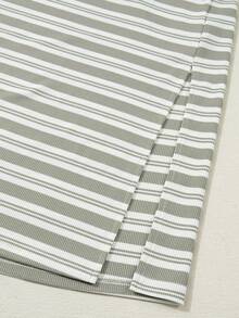 Acelitt 绿色条纹V领短袖T恤中长连衣裙，带口袋 - 綠色 - 查看 7