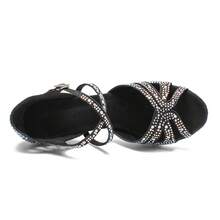 7.5cm Cuban Heel Professional Women's Latin Dance Shoes, Comfortable Soft Sole Salsa Tango Training Shoes, Non-Slip Durable Indoor Party Sandals, Women's Silver Wedding Shoes With Sparkling Rhinestones - Black - View 3